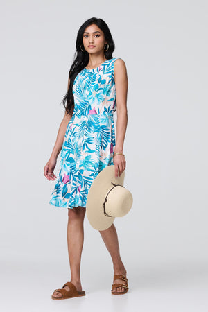 Blue | Tropical Print Sleeveless Knee Length Dress