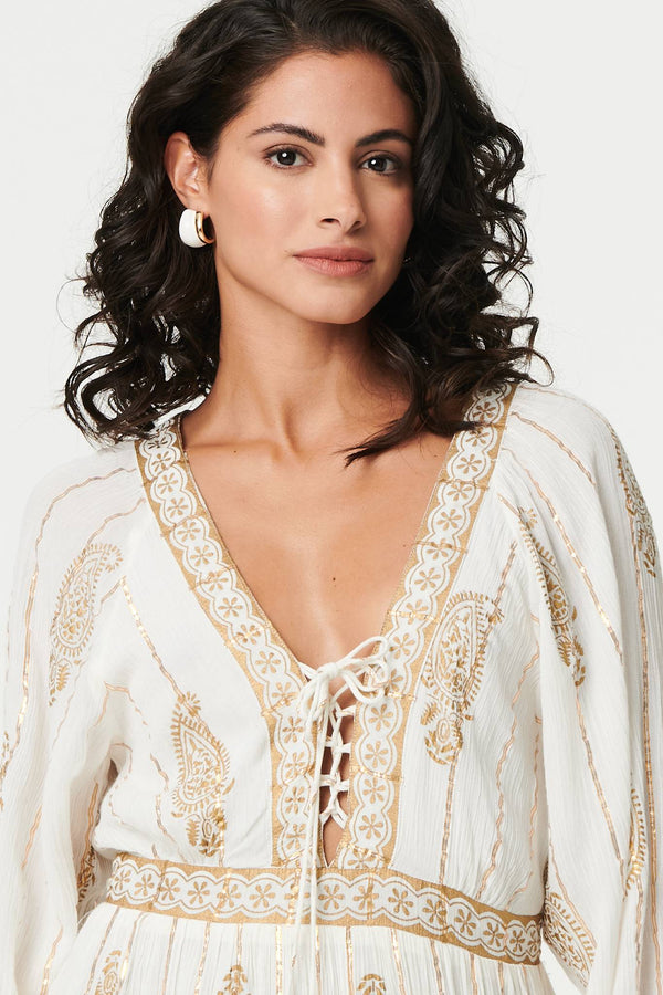 Cream | Paisley Flared Sleeve Knee Length Dress
