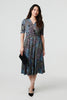 Navy | Leaf Print 1/2 Sleeve Faux Wrap Midi Dress
