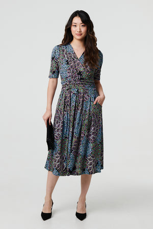 Navy | Leaf Print 1/2 Sleeve Faux Wrap Midi Dress
