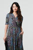Navy | Leaf Print 1/2 Sleeve Faux Wrap Midi Dress

