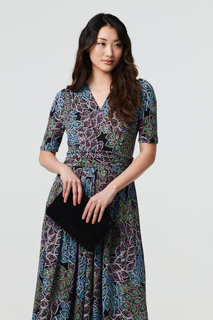 Navy | Leaf Print 1/2 Sleeve Faux Wrap Midi Dress
