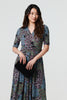Navy | Leaf Print 1/2 Sleeve Faux Wrap Midi Dress
