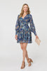 Blue | Printed Long Sleeve Pleated Short Dress
