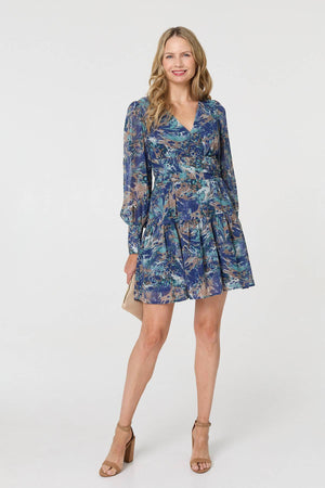 Blue | Printed Long Sleeve Pleated Short Dress
