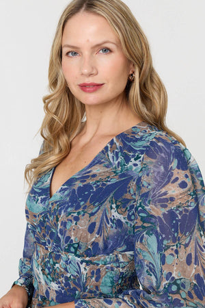 Blue | Printed Long Sleeve Pleated Short Dress
