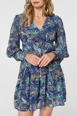 Blue | Printed Long Sleeve Pleated Short Dress
