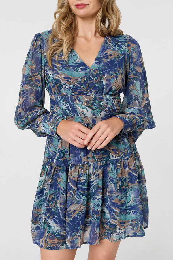 Blue | Printed Long Sleeve Pleated Short Dress
