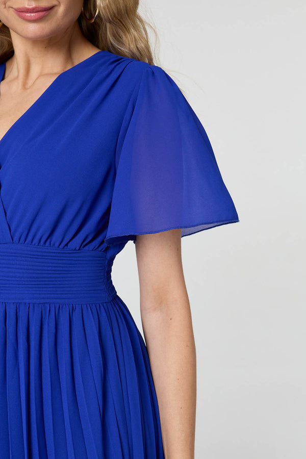 Blue | Pleated Semi Sheer Layered Maxi Dress