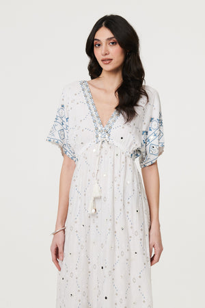 White | Embellished Border Print Maxi Dress
