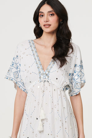 White | Embellished Border Print Maxi Dress
