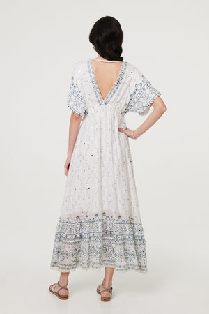 White | Embellished Border Print Maxi Dress
