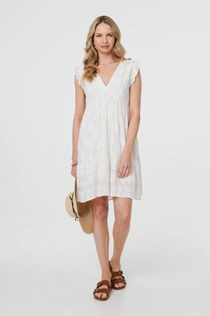 White | Metallic Striped Texture Short Dress
