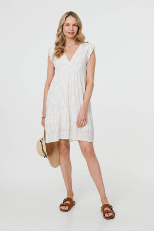 White | Metallic Striped Texture Short Dress
