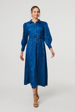 Blue | Metallic Puff Sleeve Maxi Shirt Dress
