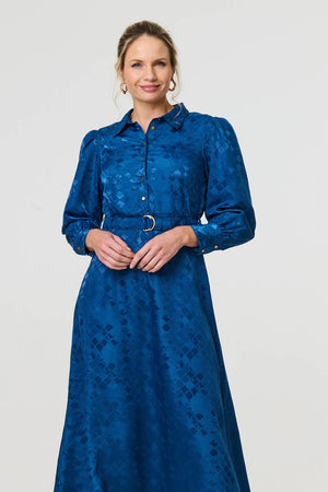 Blue | Metallic Puff Sleeve Maxi Shirt Dress
