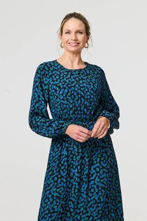 Green | Printed Flare Sleeve Ruffled Midi Dress
