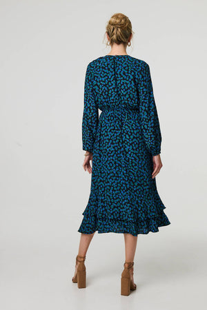 Green | Printed Flare Sleeve Ruffled Midi Dress

