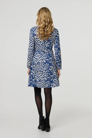 Blue | Animal Print Long Sleeve Short Shirt Dress
