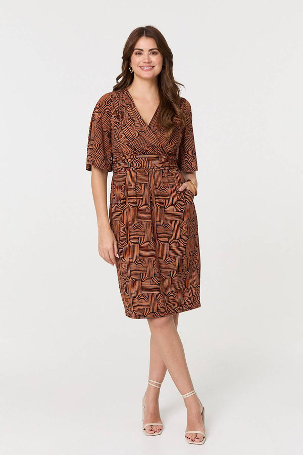 Brown | Printed Ruched Faux Wrap Knee Length Dress
