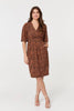 Brown | Printed Ruched Faux Wrap Knee Length Dress
