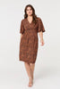 Brown | Printed Ruched Faux Wrap Knee Length Dress
