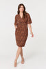 Brown | Printed Ruched Faux Wrap Knee Length Dress
