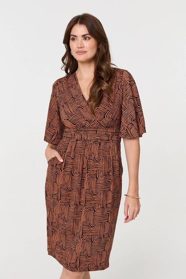 Brown | Printed Ruched Faux Wrap Knee Length Dress
