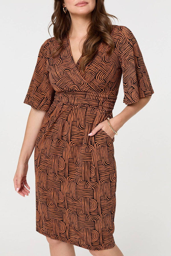 Brown | Printed Ruched Faux Wrap Knee Length Dress

