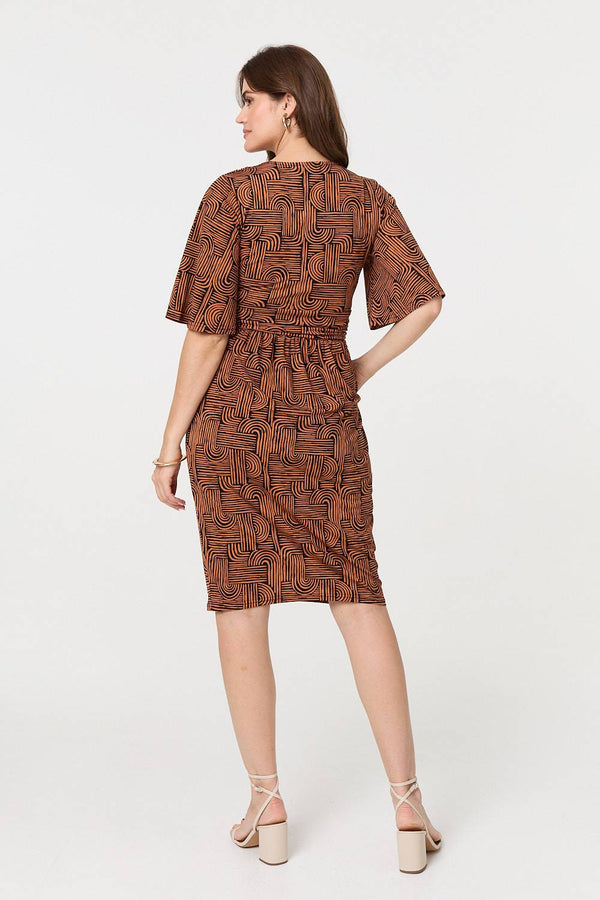 Brown | Printed Ruched Faux Wrap Knee Length Dress
