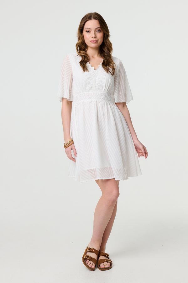 White | Lace Texture Sheer 1/2 Sleeve Mini Dress

