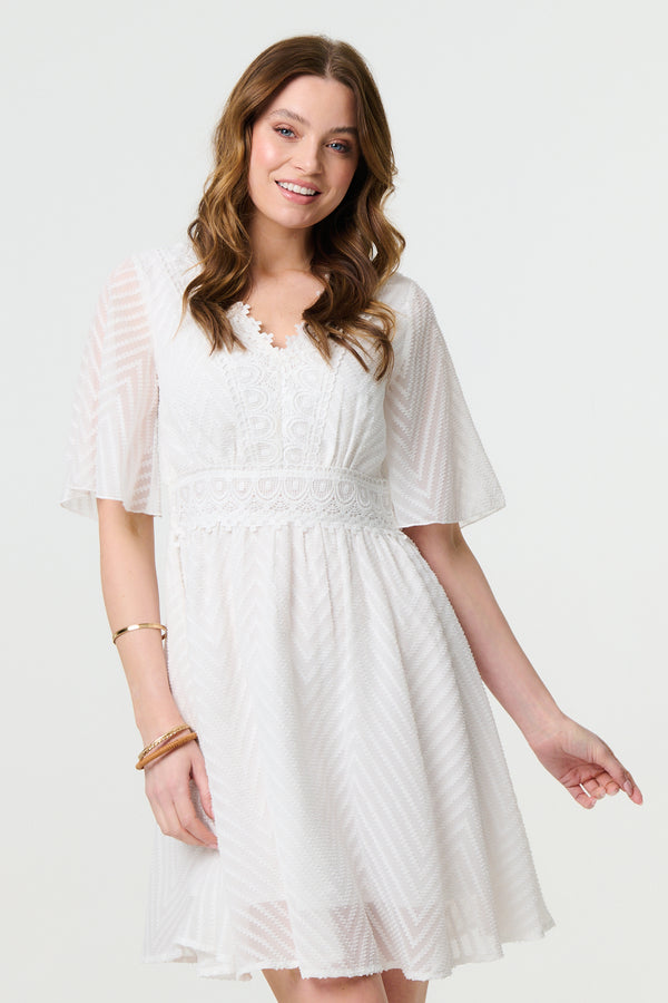 White | Lace Texture Sheer 1/2 Sleeve Mini Dress
