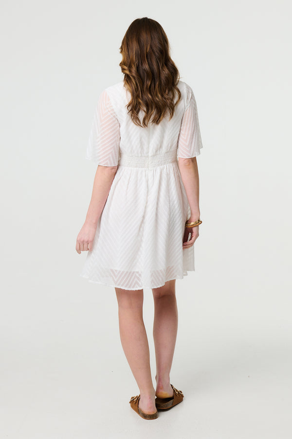 White | Lace Texture Sheer 1/2 Sleeve Mini Dress
