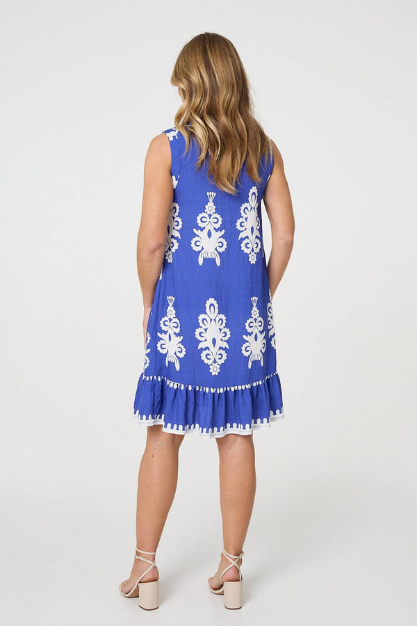 Blue | Ikat Print Sleeveless Short Shift Dress
