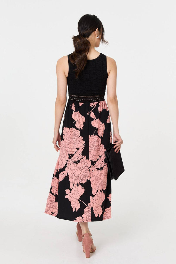 Black | Floral Lace Trim Sleeveless Maxi Dress
