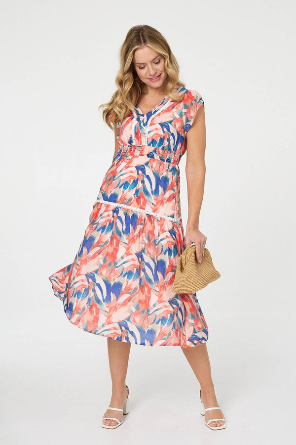 Blue | Abstract Lace Trim Cap Sleeve Midi Dress