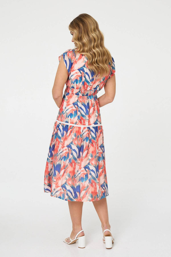 Blue | Abstract Lace Trim Cap Sleeve Midi Dress