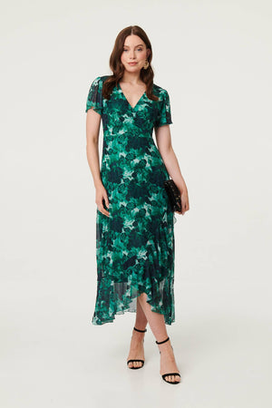 Green | Floral Semi Sheer Frilled Hem Maxi Dress : Model is 5'9