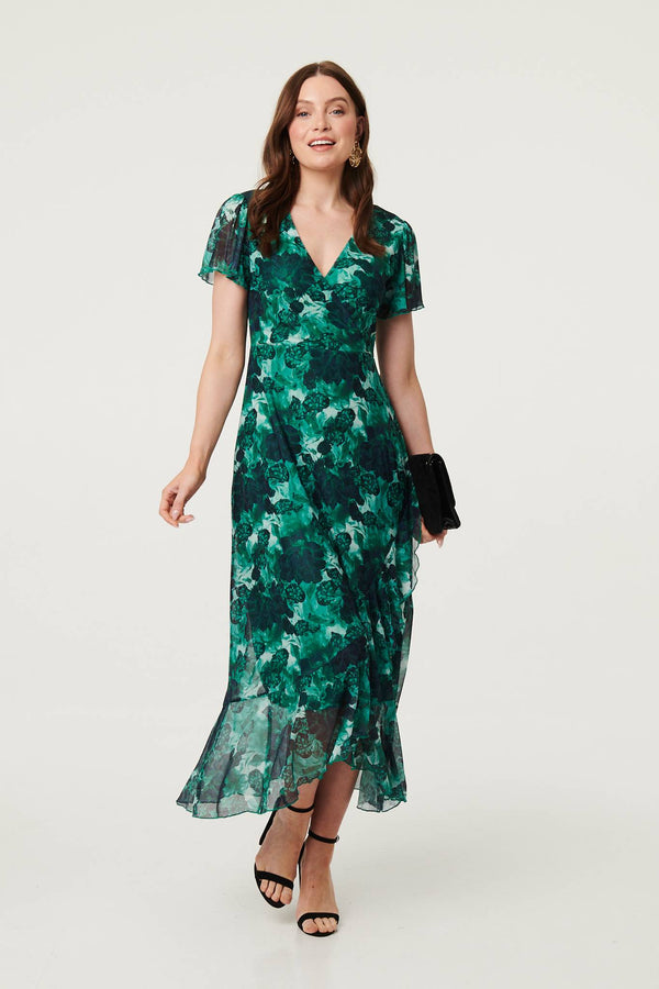 Green | Floral Semi Sheer Frilled Hem Maxi Dress