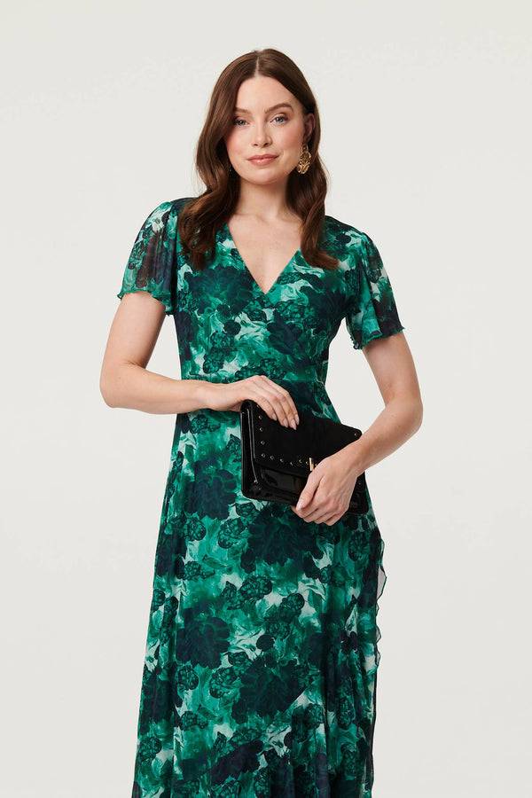 Green | Floral Semi Sheer Frilled Hem Maxi Dress