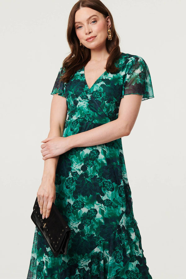 Green | Floral Semi Sheer Frilled Hem Maxi Dress