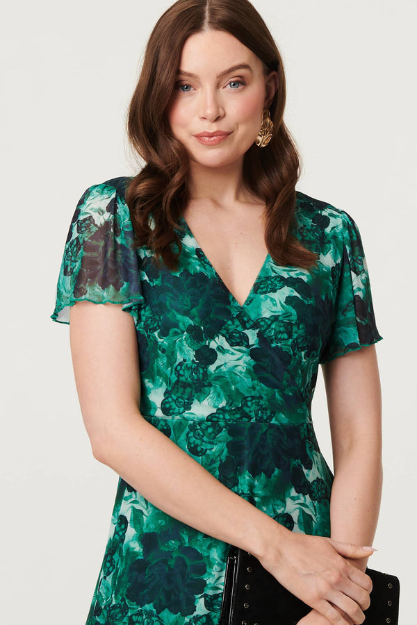Green | Floral Semi Sheer Frilled Hem Maxi Dress