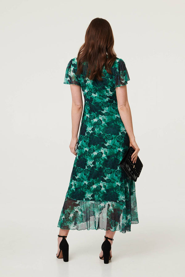Green | Floral Semi Sheer Frilled Hem Maxi Dress