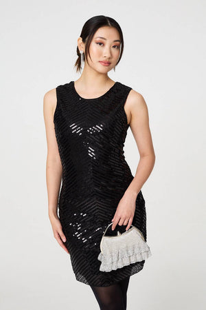 Black | Sequin Detail Sleeveless Mini Shift Dress : Model is 5'9