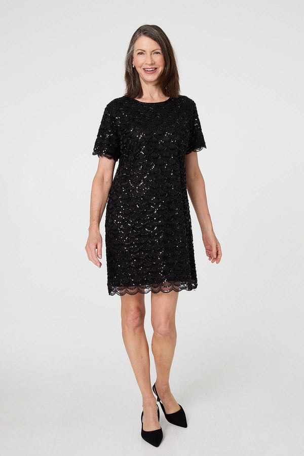 Black | Sparkly Embellished Short Shift Dress
