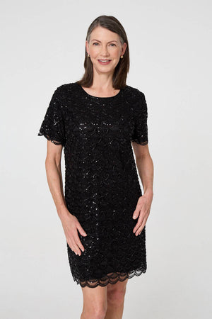 Black | Sparkly Embellished Short Shift Dress : Model is 5'8