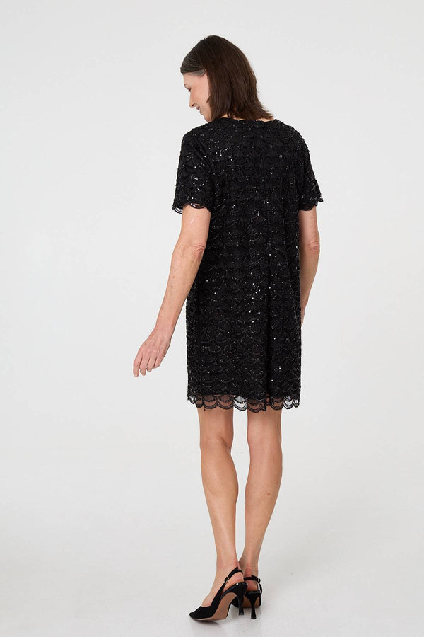Black | Sparkly Embellished Short Shift Dress

