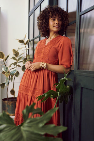 Orange | Lace Trim Tiered 1/2 Sleeve Maxi Dress : Model is 5'8