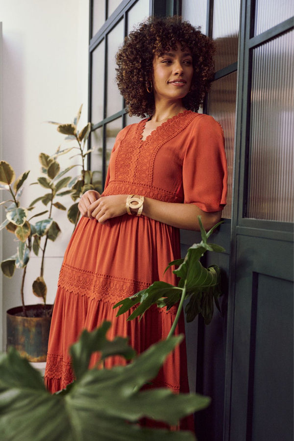 Orange | Lace Trim Tiered 1/2 Sleeve Maxi Dress : Model is 5'8"/172 cm and wears UK8/EU36/US4/AUS8