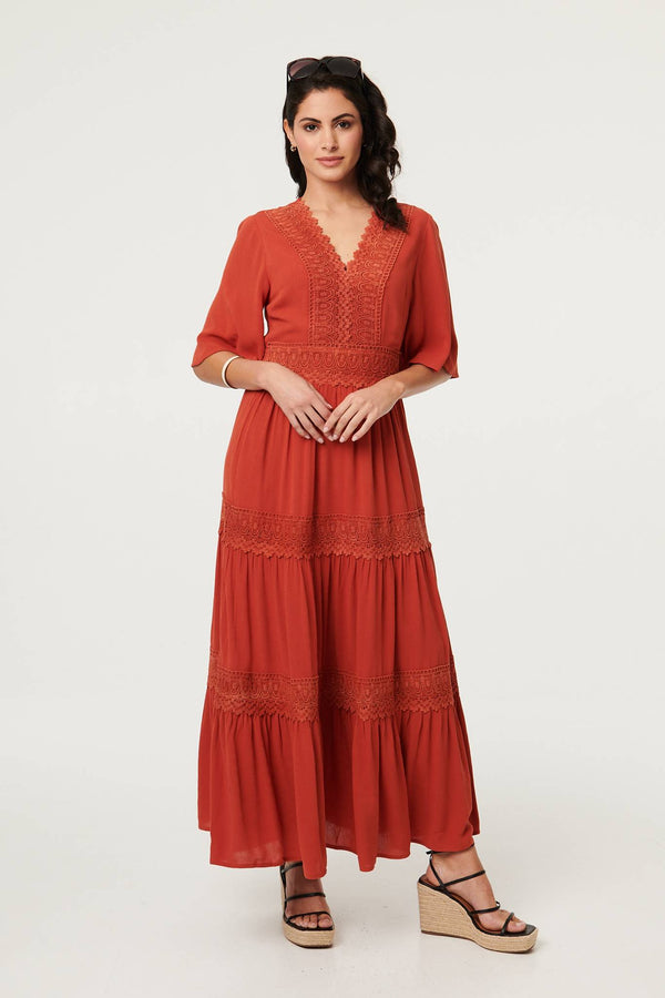 Orange | Lace Trim Tiered 1/2 Sleeve Maxi Dress : Model is 5'8"/172 cm and wears UK8/EU36/US4/AUS8